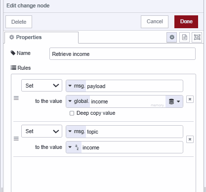 "Screenshot displaying the change node retrieving income data from global context"